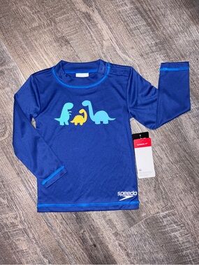 Speedo Boy’s UV Long Sleeve Swim Tee, blue, dinosaurs - size 2T/3T (toddler M)